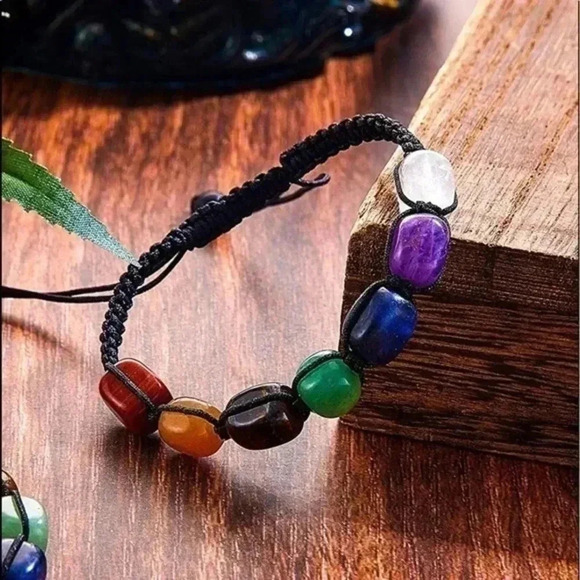 Meditation Relaxation Chakra Reiki Rainbow Real Stone Adjustable Bracelet NWT - Picture 3 of 6